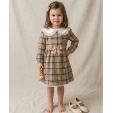 KWD06: Baby Girls Beige Tartan Bow Dress With Lace Trim & Lining (0-4 years, Made in UK)